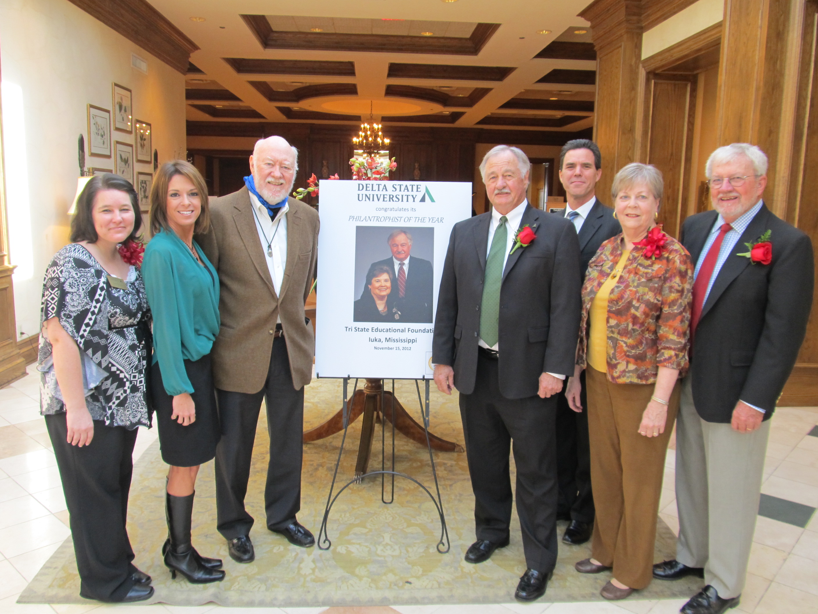 Photo: Left to Right- Sharon Krugler (Delta State University Philanthropist of the Year-2011), Dr. Michelle Roberts, Dr. Henry Outlaw, Dr. Bob Ferguson (Delta State Philanthropist of the Year-2012), Dr.Paul Hankins, Sarah Ellington (Tri State Educational Foundation Board Member), and Charles Ellington participated in the National Philanthropy Day where Tri State Educational Foundation was recognized for its $1 million giving to Delta State University.